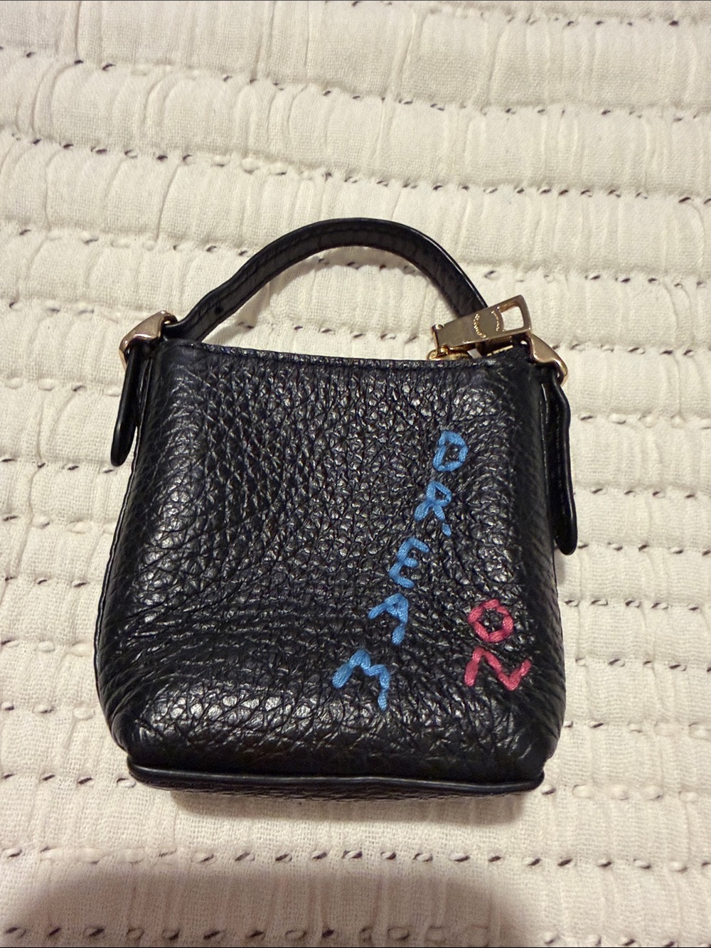 Coach Black Pebbled Leather Mini Top-Handle Bag Charm with Pink and Red Graffiti - Picture 2 of 3